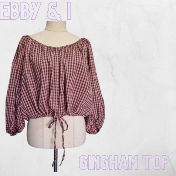 Ebby and I Tops - Ebby and I Pink & Brown Gingham Oversize Balloon Sleeve Top Size 10